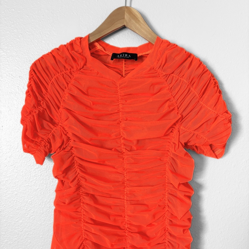 AKIRA Rory Ruched Mesh Asymmetrical Short Sleeve T-shirt Orange Womens Large Y2K - Picture 2 of 14
